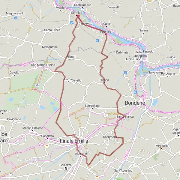 Miniaturní mapa "Kruhová cyklotrasa gravel kolem Sermide" inspirace pro cyklisty v oblasti Lombardia, Italy. Vytvořeno pomocí plánovače tras Tarmacs.app