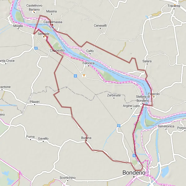 Miniature de la carte de l'inspiration cycliste "Boucle à Ficarolo et Bondeno" dans la Lombardia, Italy. Générée par le planificateur d'itinéraire cycliste Tarmacs.app