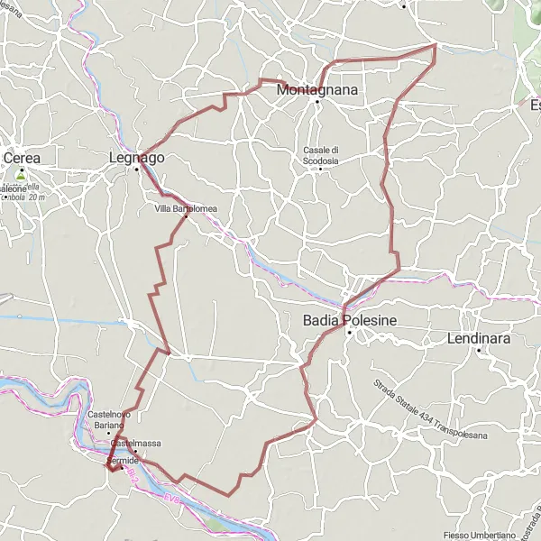 Miniatua del mapa de inspiración ciclista "Ruta de grava hacia Montagnana" en Lombardia, Italy. Generado por Tarmacs.app planificador de rutas ciclistas
