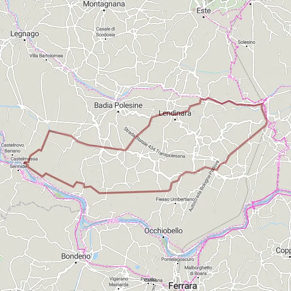 Miniatura della mappa di ispirazione al ciclismo "Giro in Gravel da Sermide a Rovigo" nella regione di Lombardia, Italy. Generata da Tarmacs.app, pianificatore di rotte ciclistiche