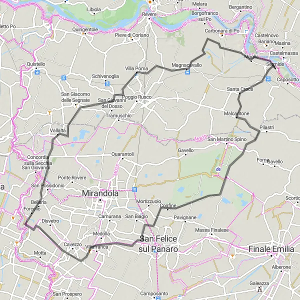 Zemljevid v pomanjšavi "Kolesarska pot okoli Sermide (cestična)" kolesarske inspiracije v Lombardia, Italy. Generirano z načrtovalcem kolesarskih poti Tarmacs.app
