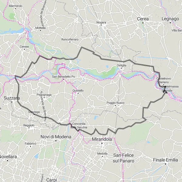 Miniaturní mapa "Okružní cyklotrasa okolo Sermide" inspirace pro cyklisty v oblasti Lombardia, Italy. Vytvořeno pomocí plánovače tras Tarmacs.app