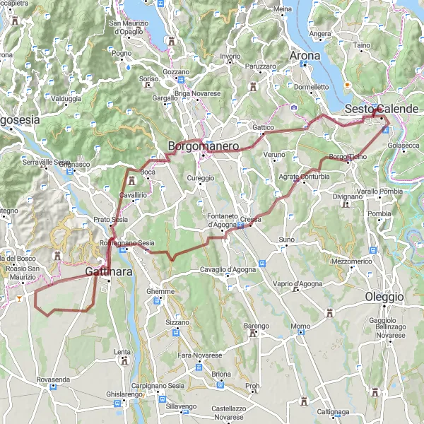 Map miniature of "Castelletto sopra Ticino Gravel Adventure" cycling inspiration in Lombardia, Italy. Generated by Tarmacs.app cycling route planner