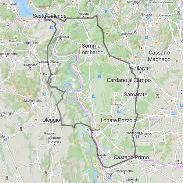 Miniaturní mapa "Kulturní cyklistický okruh Varallo Pombia" inspirace pro cyklisty v oblasti Lombardia, Italy. Vytvořeno pomocí plánovače tras Tarmacs.app