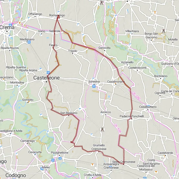 Miniaturní mapa "Gravelový okruh kolem Sesto Cremonese" inspirace pro cyklisty v oblasti Lombardia, Italy. Vytvořeno pomocí plánovače tras Tarmacs.app