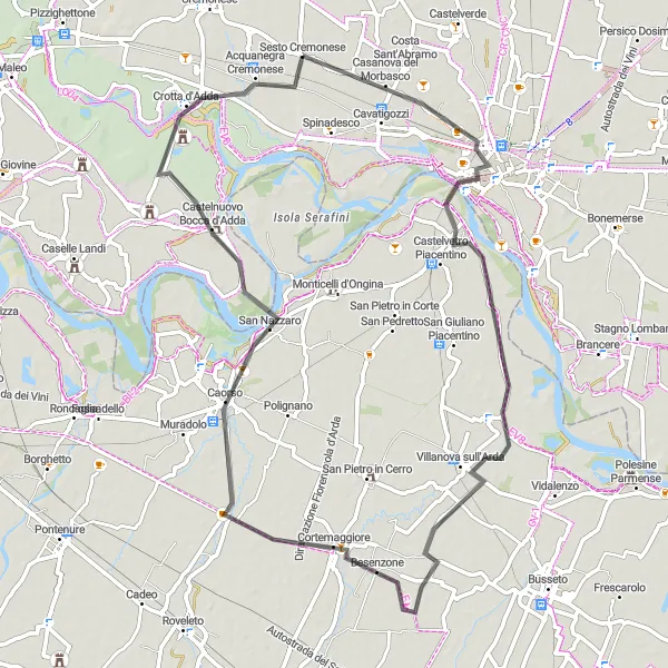Karten-Miniaturansicht der Radinspiration "Radtour von Cremona nach Caorso" in Lombardia, Italy. Erstellt vom Tarmacs.app-Routenplaner für Radtouren