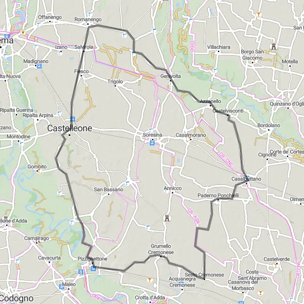 Miniatua del mapa de inspiración ciclista "Ruta por carretera a través de Pizzighettone y Navigare l'Adda" en Lombardia, Italy. Generado por Tarmacs.app planificador de rutas ciclistas