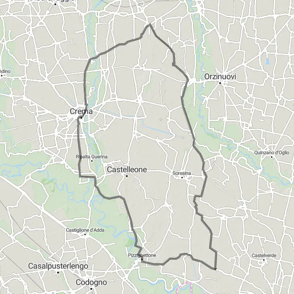 Zemljevid v pomanjšavi "Ciklična pot okoli Cremonese" kolesarske inspiracije v Lombardia, Italy. Generirano z načrtovalcem kolesarskih poti Tarmacs.app