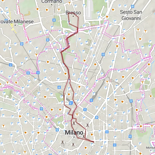 Mapa miniatúra "Gravelový okruh cez Miláno a Dergano" cyklistická inšpirácia v Lombardia, Italy. Vygenerované cyklistickým plánovačom trás Tarmacs.app