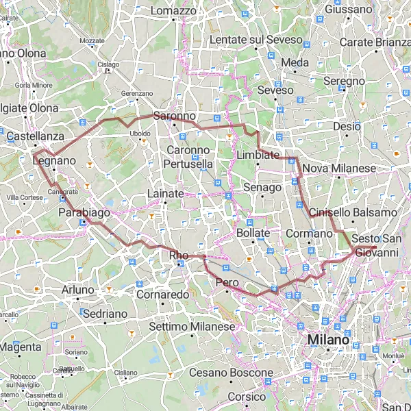 Map miniature of "Exploring North Milan and Rescaldina" cycling inspiration in Lombardia, Italy. Generated by Tarmacs.app cycling route planner