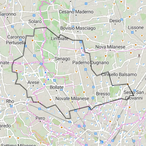 Miniaturní mapa "Road Cycling to Varedo" inspirace pro cyklisty v oblasti Lombardia, Italy. Vytvořeno pomocí plánovače tras Tarmacs.app