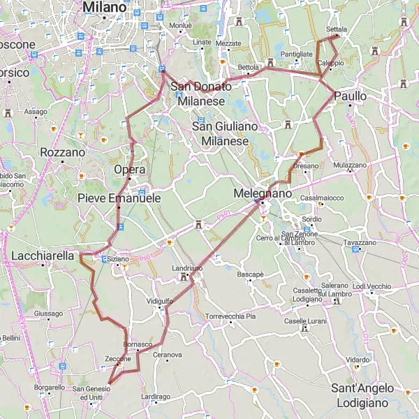 Map miniature of "Dresano to Pieve Emanuele Gravel Adventure" cycling inspiration in Lombardia, Italy. Generated by Tarmacs.app cycling route planner
