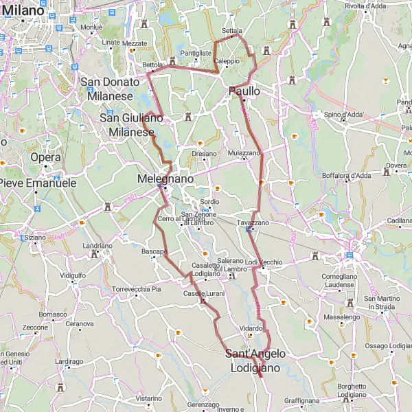 Map miniature of "The Gravel Journey to Paullo" cycling inspiration in Lombardia, Italy. Generated by Tarmacs.app cycling route planner