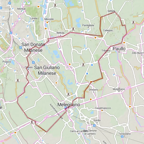 Mapa miniatúra "Gravel okolo Settala" cyklistická inšpirácia v Lombardia, Italy. Vygenerované cyklistickým plánovačom trás Tarmacs.app