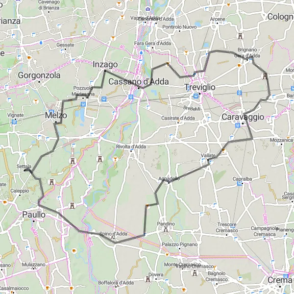 Map miniature of "Melzo to Conterico Loop" cycling inspiration in Lombardia, Italy. Generated by Tarmacs.app cycling route planner