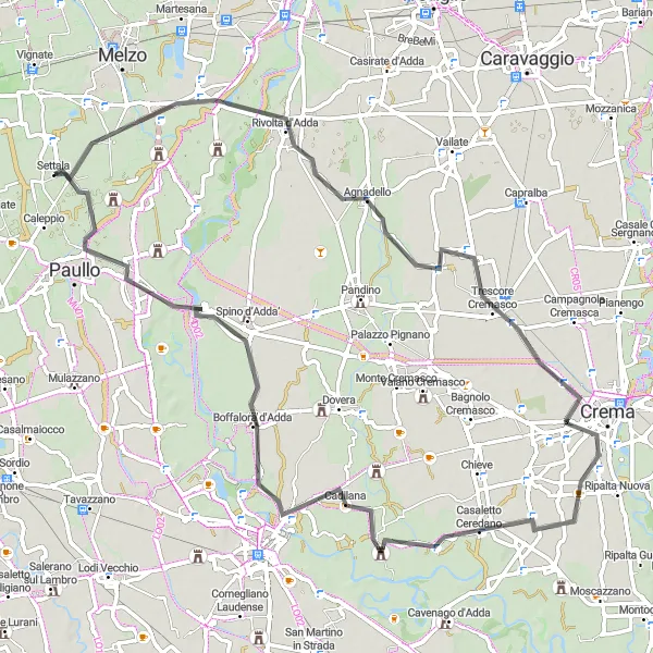 Kartminiatyr av "Vägcykling genom Agnadello och Crema" cykelinspiration i Lombardia, Italy. Genererad av Tarmacs.app cykelruttplanerare