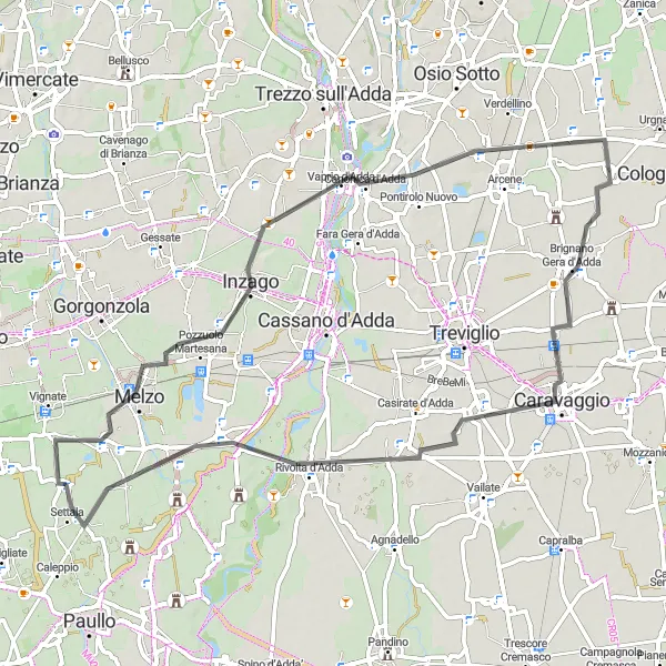 Miniatura della mappa di ispirazione al ciclismo "Il Tour dei Borghi Settala-Arzago" nella regione di Lombardia, Italy. Generata da Tarmacs.app, pianificatore di rotte ciclistiche