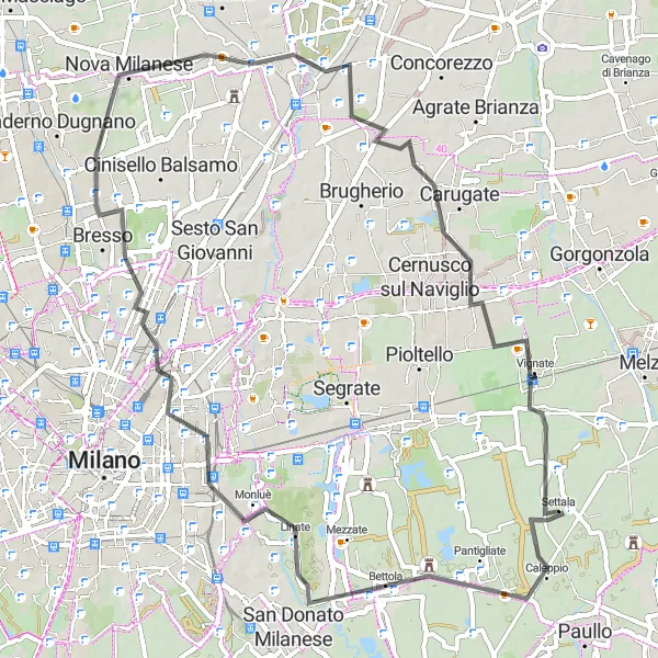 Miniature de la carte de l'inspiration cycliste "Route de la Boucle de Settala vers Monza" dans la Lombardia, Italy. Générée par le planificateur d'itinéraire cycliste Tarmacs.app