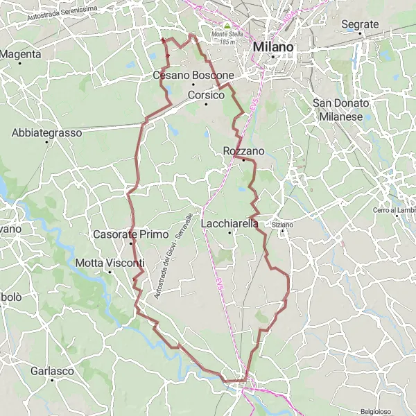 Miniatuurkaart van de fietsinspiratie "Het Grindavontuur van Settimo Milanese naar Trezzano sul Naviglio" in Lombardia, Italy. Gemaakt door de Tarmacs.app fietsrouteplanner