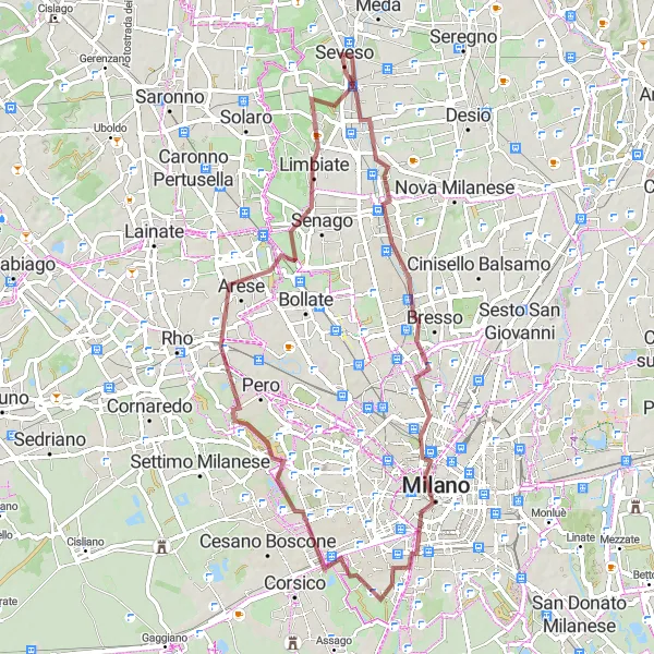 Zemljevid v pomanjšavi "Okrožnica Cesano Maderno - Seveso" kolesarske inspiracije v Lombardia, Italy. Generirano z načrtovalcem kolesarskih poti Tarmacs.app