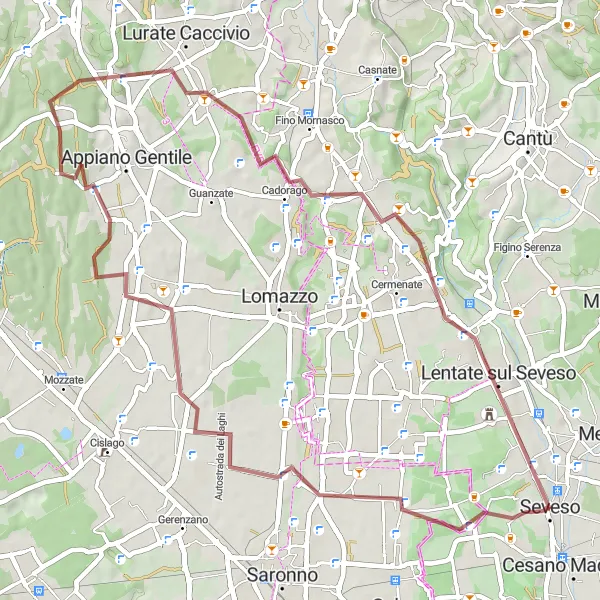 Map miniature of "Seveso to Lentate sul Seveso Gravel Cycling Route" cycling inspiration in Lombardia, Italy. Generated by Tarmacs.app cycling route planner
