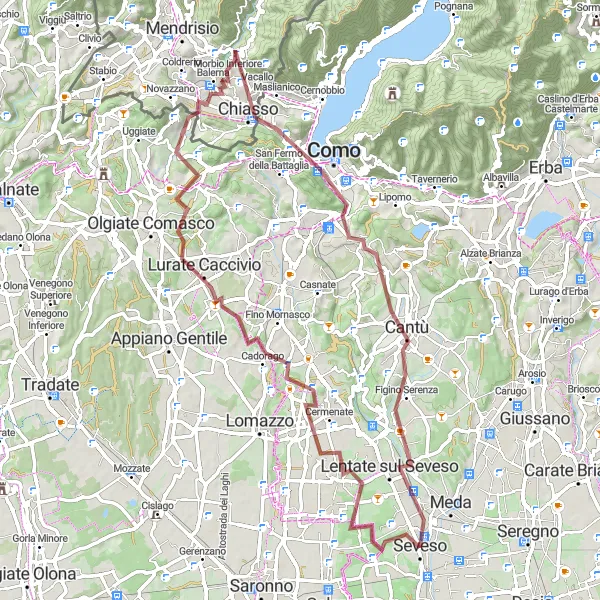 Map miniature of "Lentate sul Seveso Gravel Adventure" cycling inspiration in Lombardia, Italy. Generated by Tarmacs.app cycling route planner