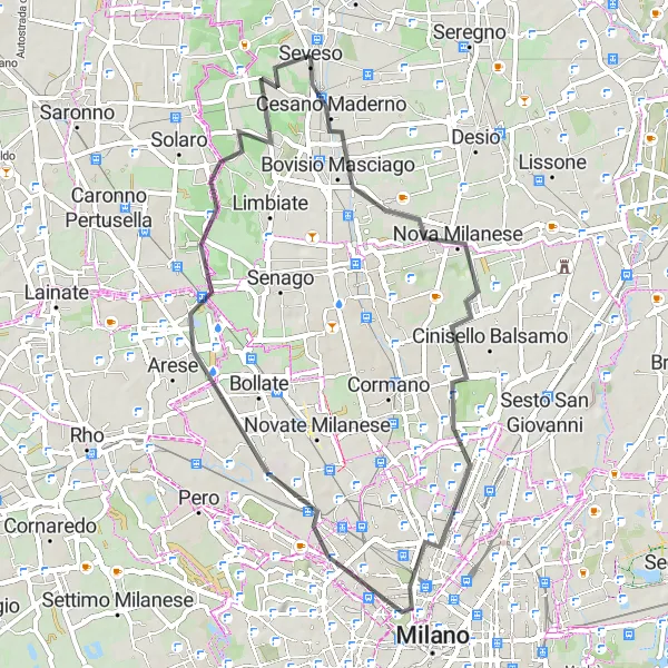 Kartminiatyr av "Historisk landevei sykkeltur til Seveso" sykkelinspirasjon i Lombardia, Italy. Generert av Tarmacs.app sykkelrutoplanlegger