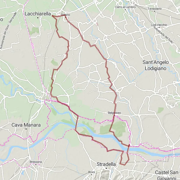 Map miniature of "Marzano - Villamaggiore Gravel Route" cycling inspiration in Lombardia, Italy. Generated by Tarmacs.app cycling route planner