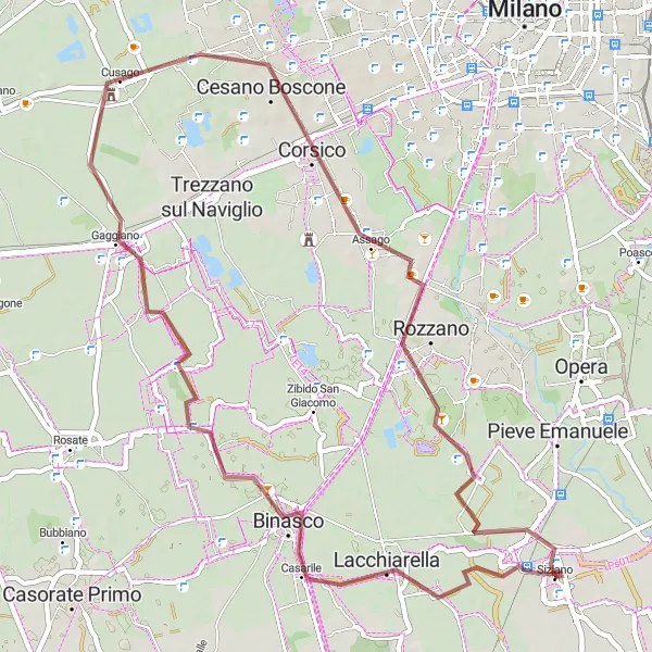 Miniatura della mappa di ispirazione al ciclismo "Giro in gravel tra Binasco e Basiglio" nella regione di Lombardia, Italy. Generata da Tarmacs.app, pianificatore di rotte ciclistiche