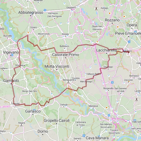 Miniatura della mappa di ispirazione al ciclismo "Percorso in bicicletta da Siziano a Lacchiarella" nella regione di Lombardia, Italy. Generata da Tarmacs.app, pianificatore di rotte ciclistiche