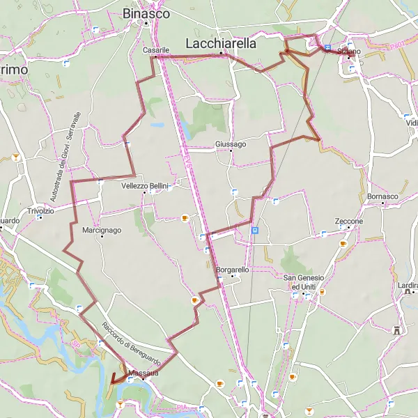 Miniatua del mapa de inspiración ciclista "Ruta en grava desde Siziano a Casarile" en Lombardia, Italy. Generado por Tarmacs.app planificador de rutas ciclistas