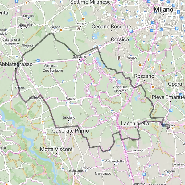 Miniature de la carte de l'inspiration cycliste "Route Routière Morimondo" dans la Lombardia, Italy. Générée par le planificateur d'itinéraire cycliste Tarmacs.app