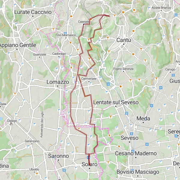 Zemljevid v pomanjšavi "Raziskovanje pokrajin okoli Solara" kolesarske inspiracije v Lombardia, Italy. Generirano z načrtovalcem kolesarskih poti Tarmacs.app