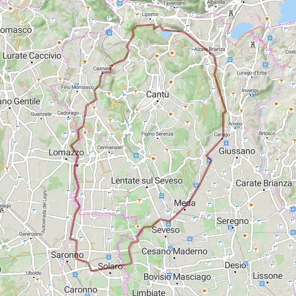 Mapa miniatúra "Gravel trasa cez Barlassina a Solaro" cyklistická inšpirácia v Lombardia, Italy. Vygenerované cyklistickým plánovačom trás Tarmacs.app