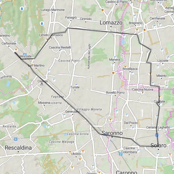Miniatua del mapa de inspiración ciclista "Ruta de Gerenzano a Ceriano Laghetto" en Lombardia, Italy. Generado por Tarmacs.app planificador de rutas ciclistas
