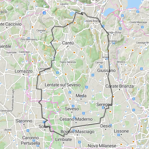 Miniaturní mapa "Cyklistická trasa kolem Solaro - Variabilní výhled na okolní krajinu" inspirace pro cyklisty v oblasti Lombardia, Italy. Vytvořeno pomocí plánovače tras Tarmacs.app