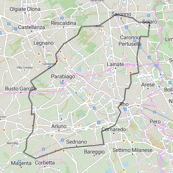Mapa miniatúra "Okruhová cyklistická trasa cez Cornaredo a Uboldo" cyklistická inšpirácia v Lombardia, Italy. Vygenerované cyklistickým plánovačom trás Tarmacs.app