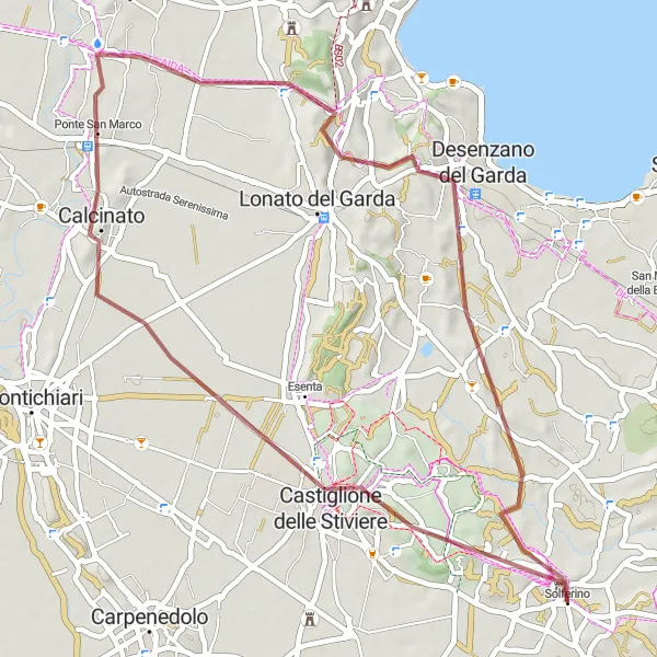 Miniatua del mapa de inspiración ciclista "Ruta de Grava Monte Belvedere - Solferino" en Lombardia, Italy. Generado por Tarmacs.app planificador de rutas ciclistas