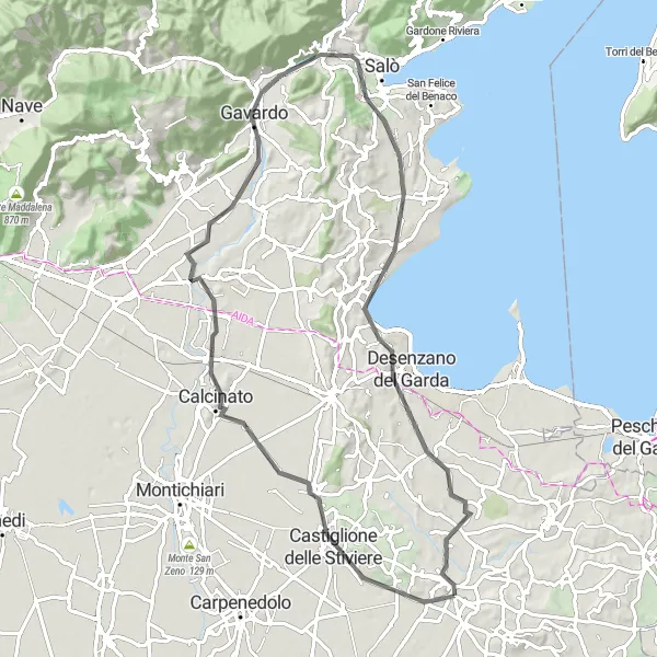 Kartminiatyr av "Landeveissykkeltur fra Solferino til Desenzano del Garda" sykkelinspirasjon i Lombardia, Italy. Generert av Tarmacs.app sykkelrutoplanlegger