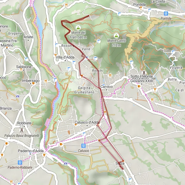 Miniatua del mapa de inspiración ciclista "Ruta de ciclismo de grava desde Solza a Monte dei Frati" en Lombardia, Italy. Generado por Tarmacs.app planificador de rutas ciclistas