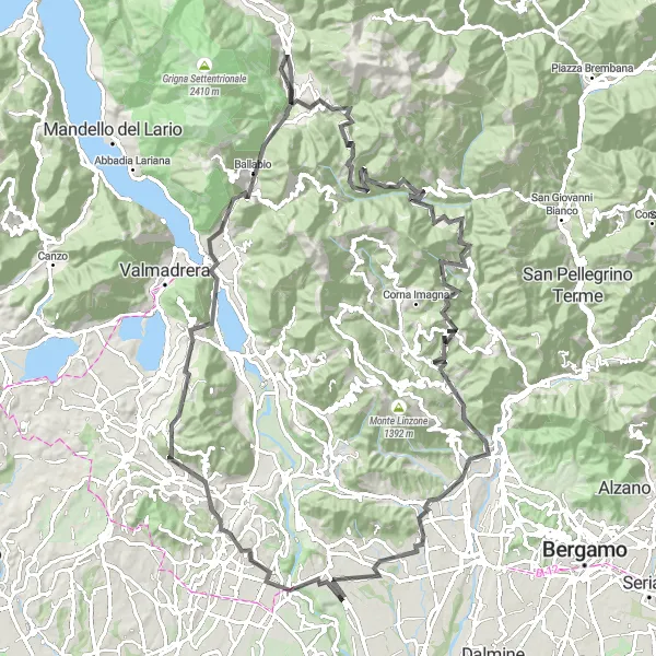 Mapa miniatúra "Náročný okruh cez Monte Robbio" cyklistická inšpirácia v Lombardia, Italy. Vygenerované cyklistickým plánovačom trás Tarmacs.app