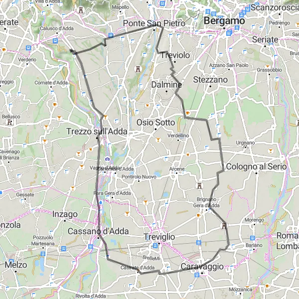 Miniatura della mappa di ispirazione al ciclismo "Passeggiata in bicicletta da Solza a Medolago" nella regione di Lombardia, Italy. Generata da Tarmacs.app, pianificatore di rotte ciclistiche