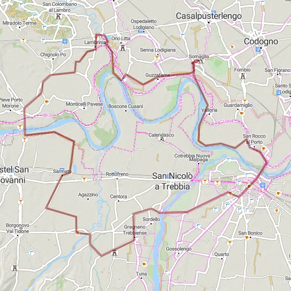 Mapa miniatúra "Gravelový okruh cez Gragnano Trebbiense" cyklistická inšpirácia v Lombardia, Italy. Vygenerované cyklistickým plánovačom trás Tarmacs.app
