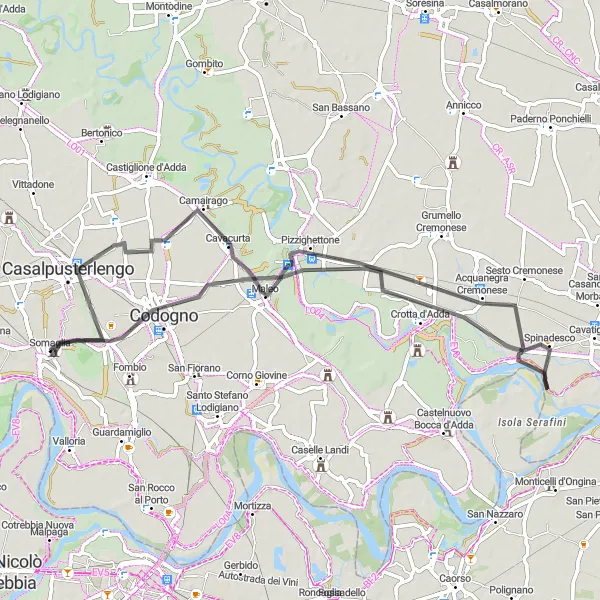 Zemljevid v pomanjšavi "Pustolovščina ob reki Adda" kolesarske inspiracije v Lombardia, Italy. Generirano z načrtovalcem kolesarskih poti Tarmacs.app