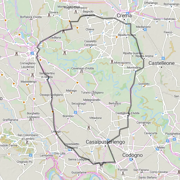 Miniatura della mappa di ispirazione al ciclismo "Tour ciclistico da Somaglia a Castello Cavazzi" nella regione di Lombardia, Italy. Generata da Tarmacs.app, pianificatore di rotte ciclistiche