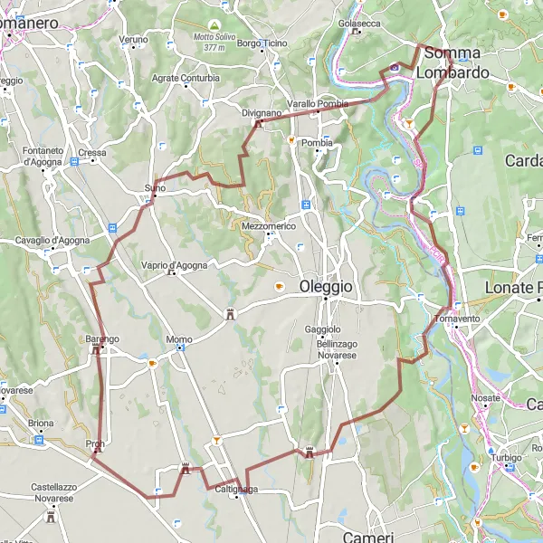 Miniaturekort af cykelinspirationen "Gruscykelrute til Caltignaga og Suno" i Lombardia, Italy. Genereret af Tarmacs.app cykelruteplanlægger