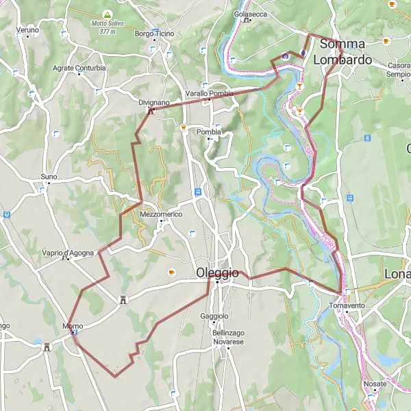 Kartminiatyr av "Grusväg till Varallo Pombia" cykelinspiration i Lombardia, Italy. Genererad av Tarmacs.app cykelruttplanerare