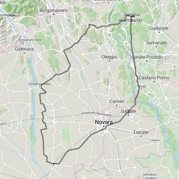 Miniatua del mapa de inspiración ciclista "Ruta de ciclismo en carretera de Somma Lombardo a Monte Belvedere" en Lombardia, Italy. Generado por Tarmacs.app planificador de rutas ciclistas