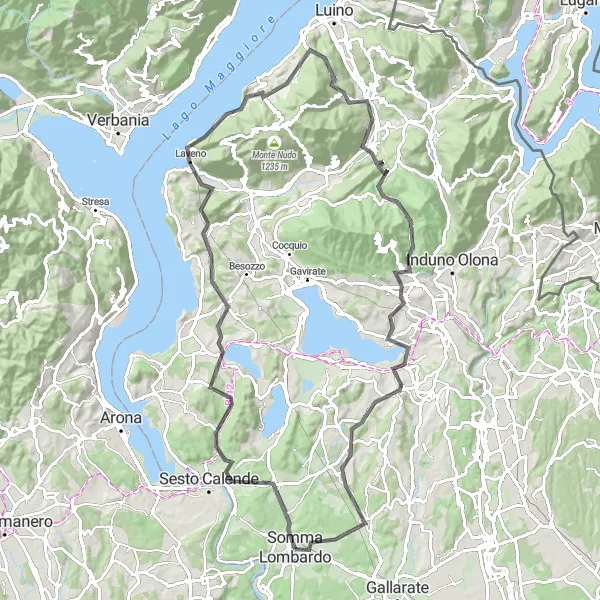 Miniatura della mappa di ispirazione al ciclismo "Giro in bicicletta da Somma Lombardo al Monte Legnone" nella regione di Lombardia, Italy. Generata da Tarmacs.app, pianificatore di rotte ciclistiche