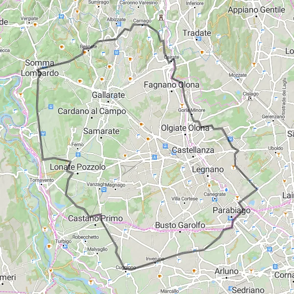 Map miniature of "Scenic Road Cycling: Somma Lombardo to Vizzola Ticino" cycling inspiration in Lombardia, Italy. Generated by Tarmacs.app cycling route planner